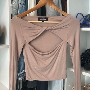 Ser.o.ya Twisted Front Cutout Long Sleeve Crop Top in Taupe